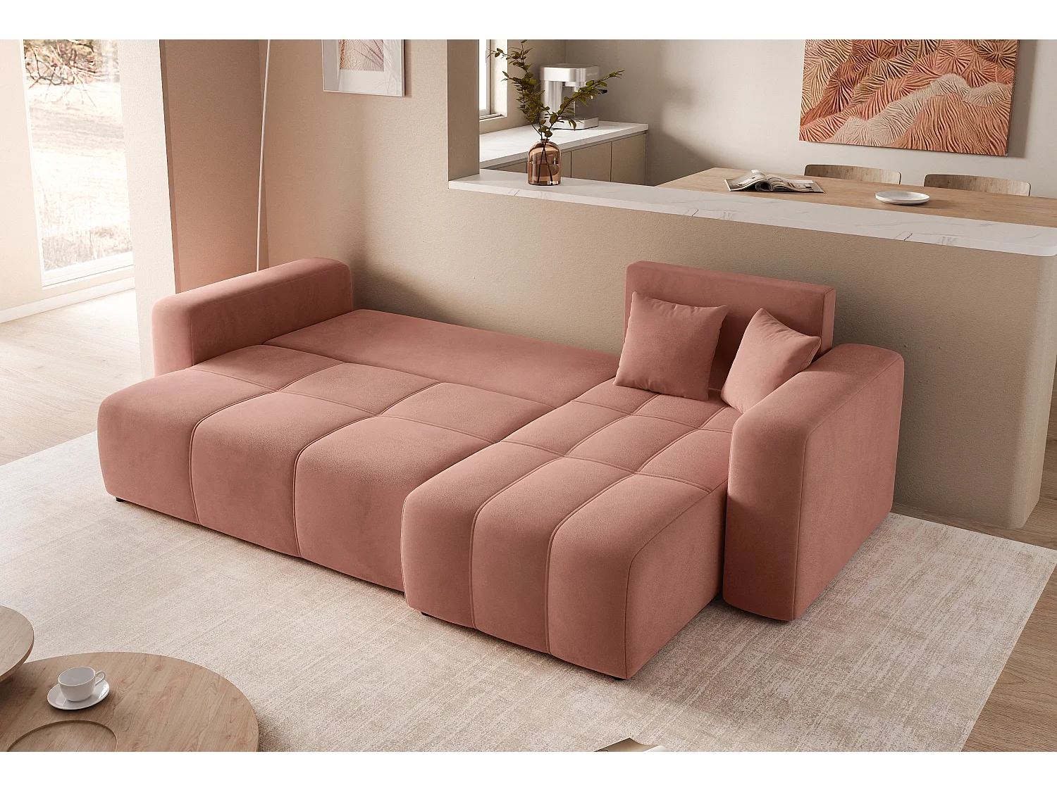 Ecksofa Pedro mit Schlaffunktion und Stauraum, 3-Sitzer, in rosa Stoff.