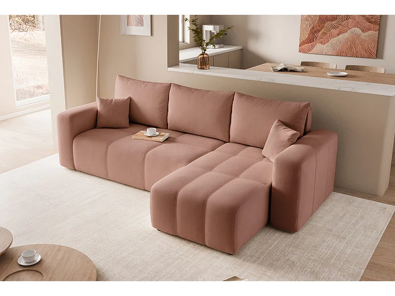 Canapé d'angle Convertible Pedro 3-Places avec Espace de Rangement en tissu Rose