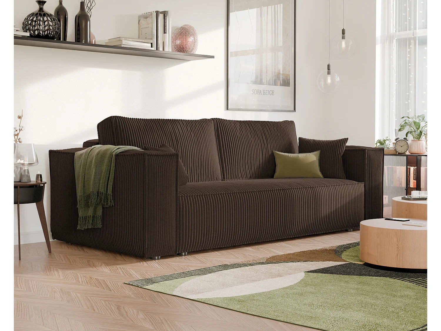 Bali Schlafsofa, umkehrbar und ausziehbar, in braunem Stoff.