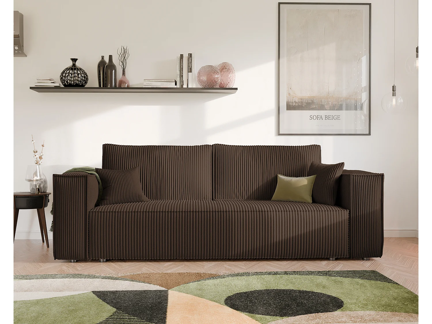 Bali Schlafsofa, umkehrbar und ausziehbar, in braunem Stoff.