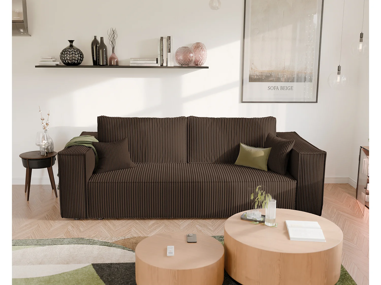 Bali Schlafsofa, umkehrbar und ausziehbar, in braunem Stoff.