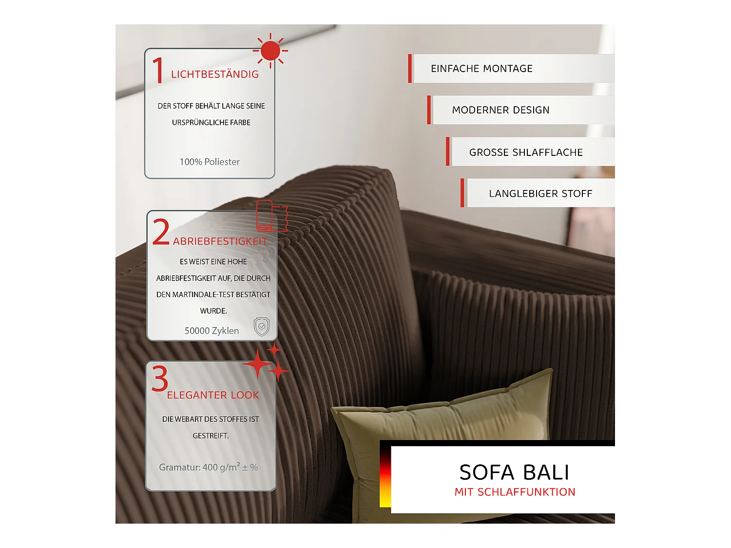 Canapé Bali réversible convertible en tissu Marron