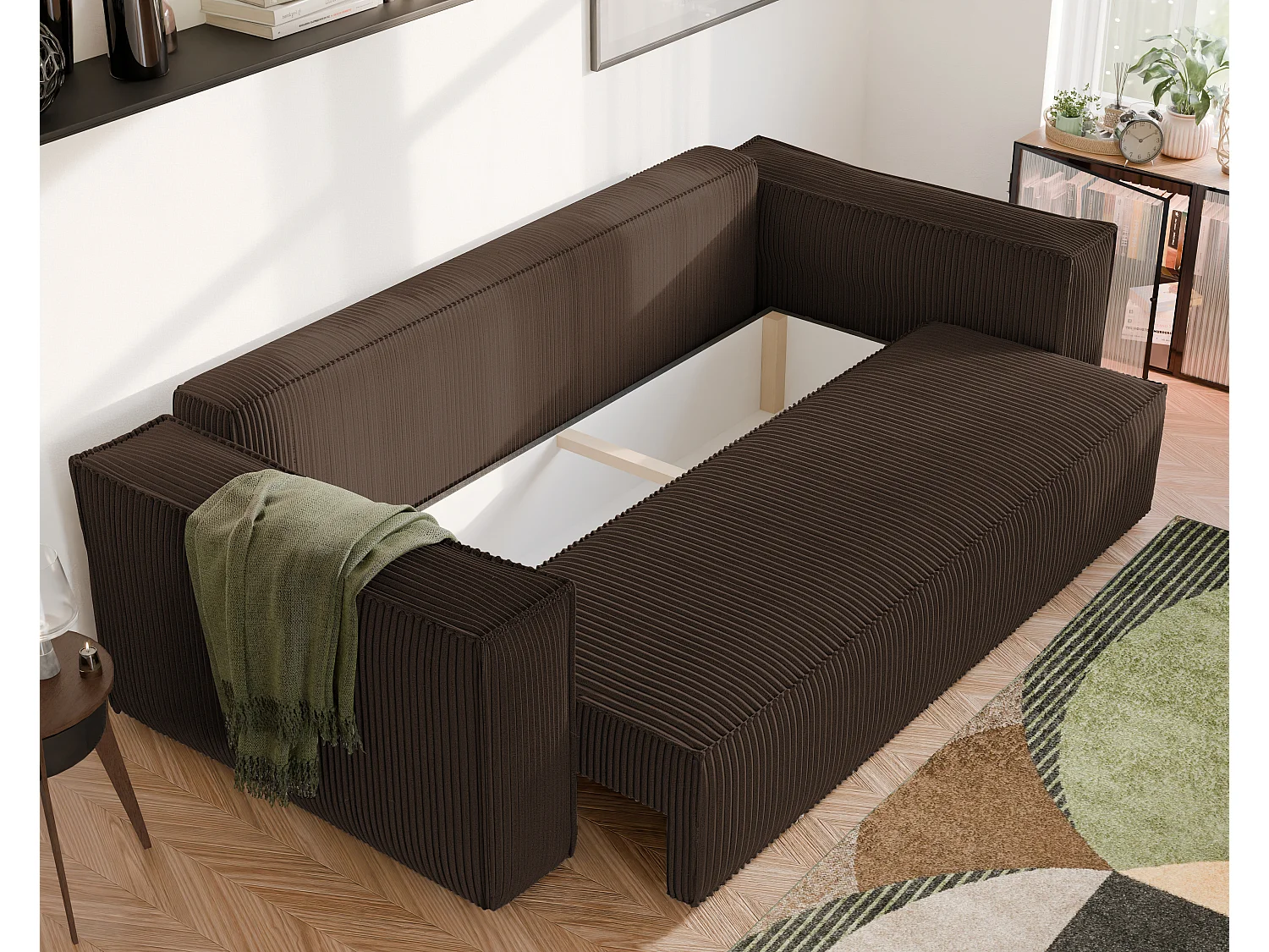 Bali Schlafsofa, umkehrbar und ausziehbar, in braunem Stoff.