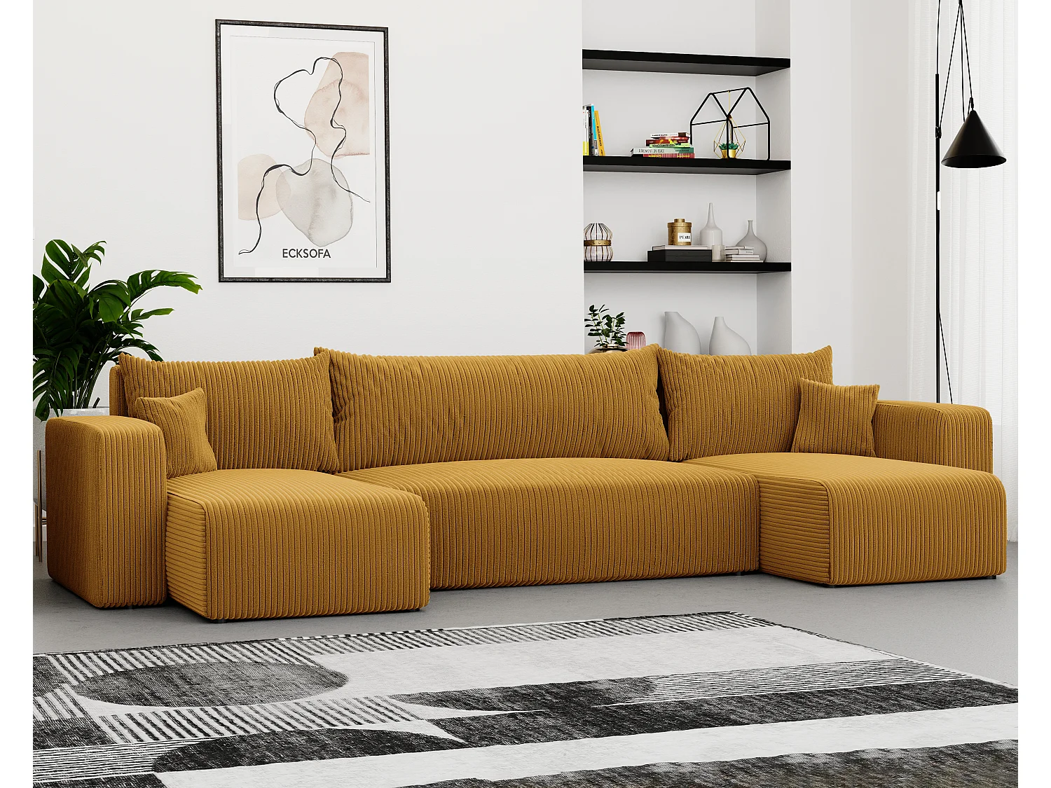 Canapé d'angle Piano U fonction couchage, et tissu Jaune moutarde