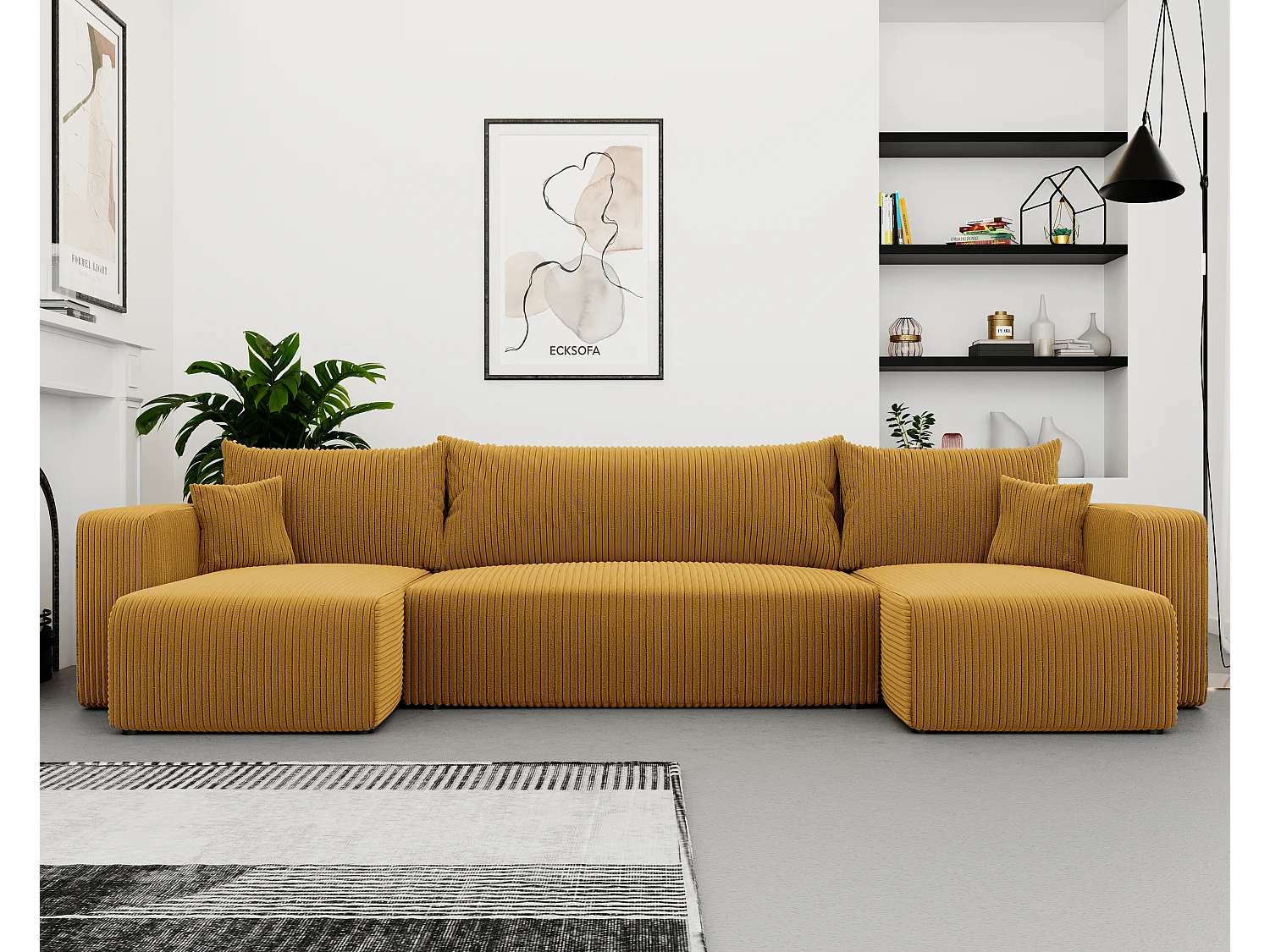 Canapé d'angle Piano U fonction couchage, et tissu Jaune moutarde