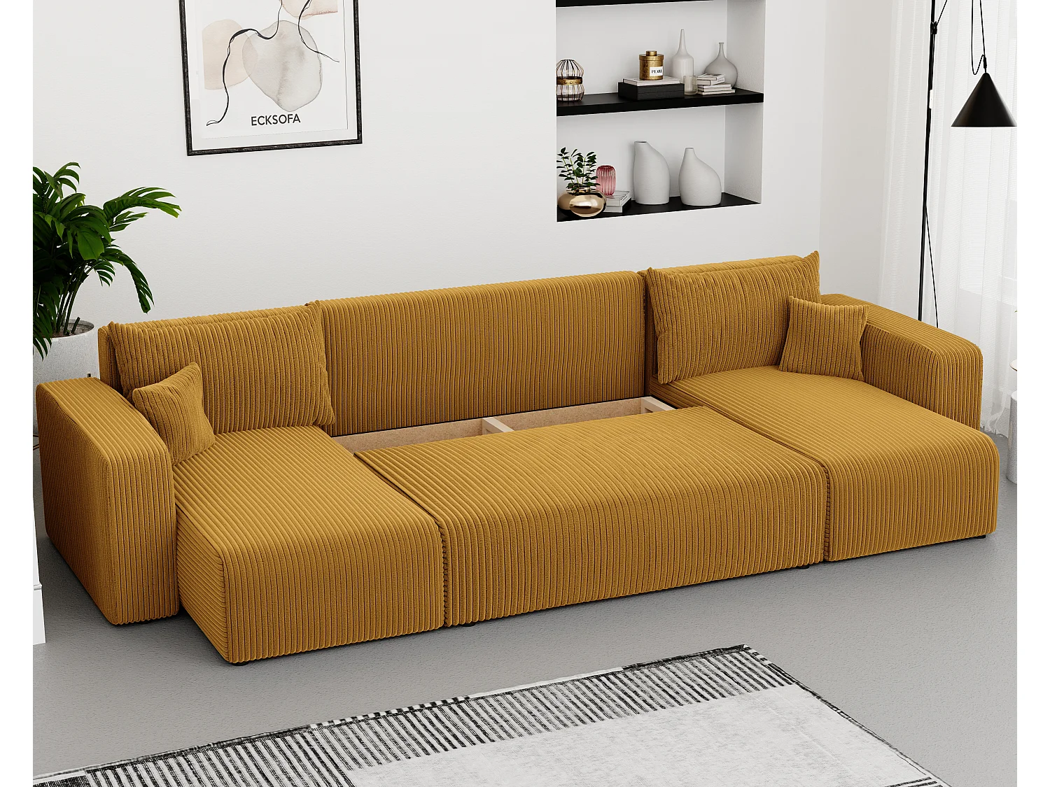 Canapé d'angle Piano U fonction couchage, et tissu Jaune moutarde