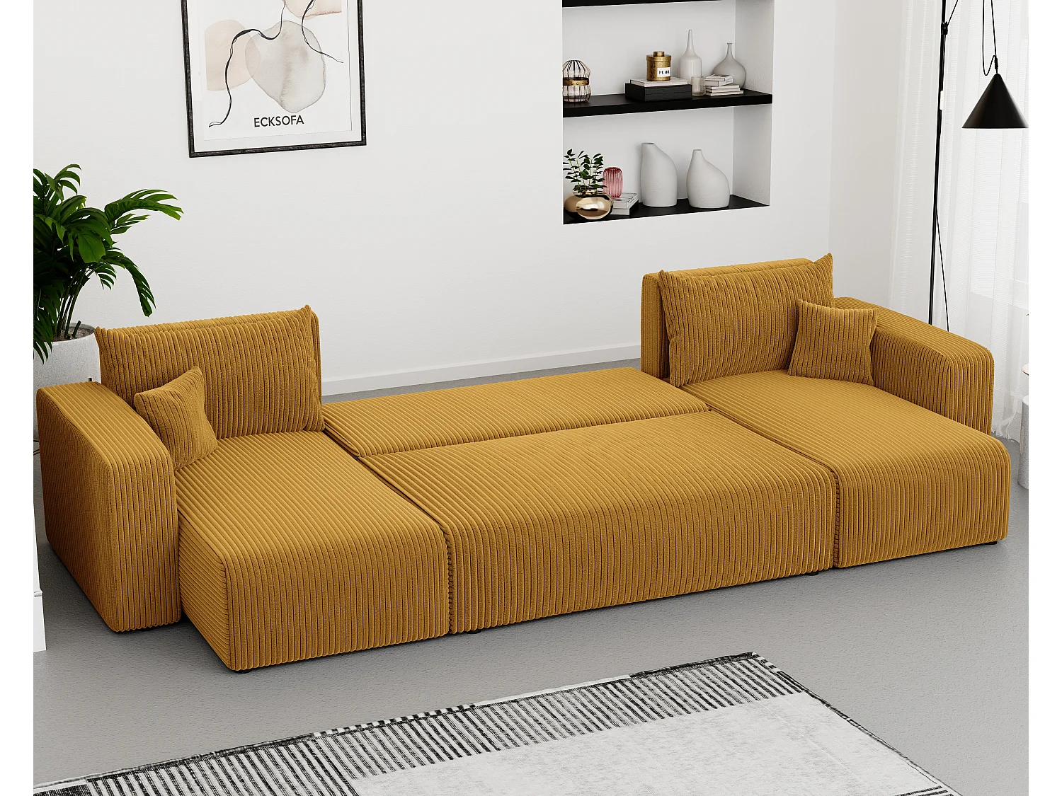 Canapé d'angle Piano U fonction couchage, et tissu Jaune moutarde