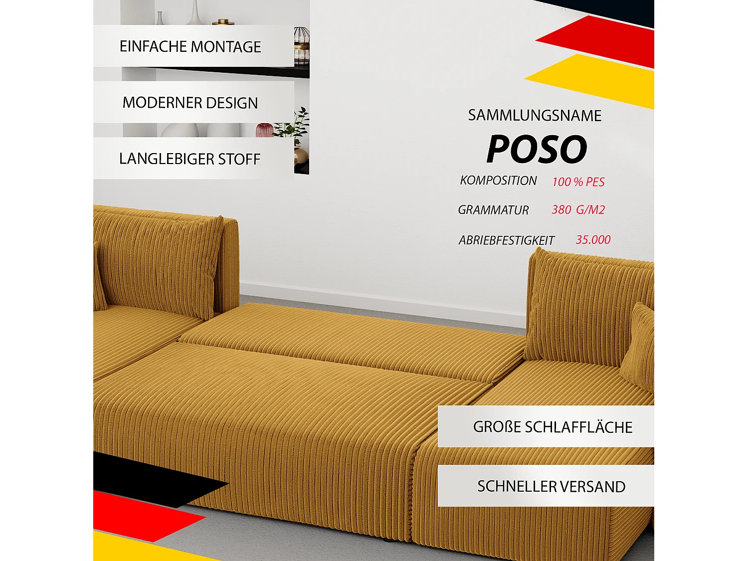 Canapé d'angle Piano U fonction couchage, et tissu Jaune moutarde