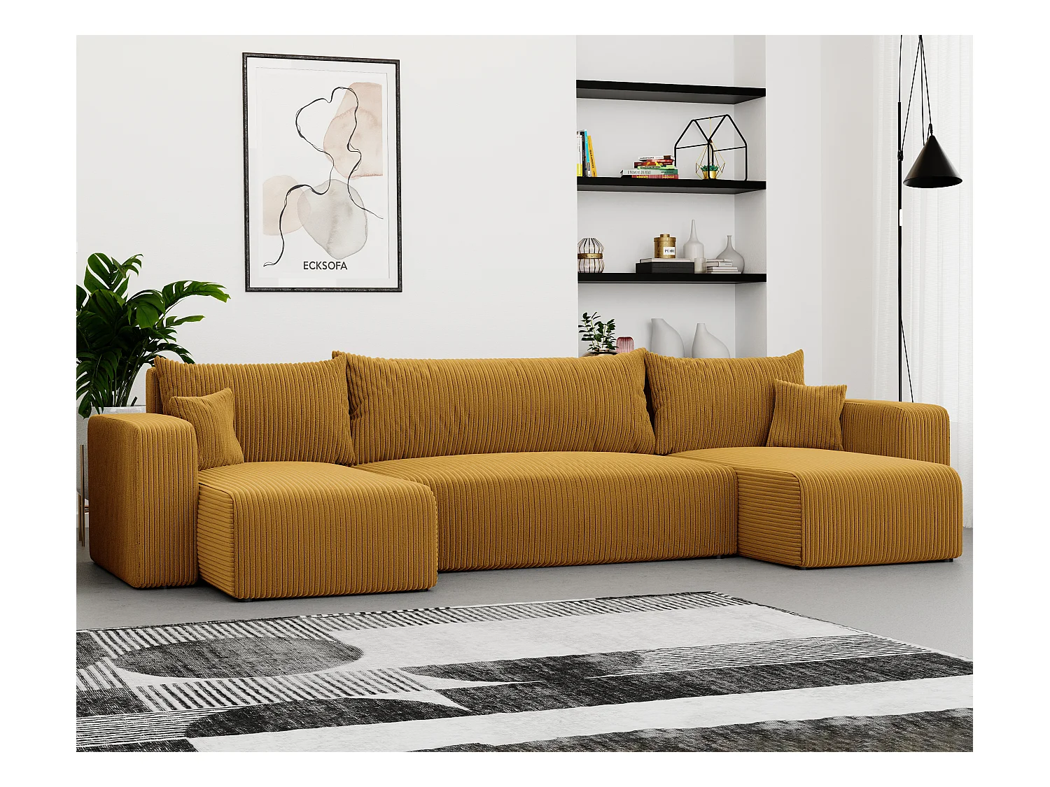 Canapé d'angle Piano U fonction couchage, et tissu Jaune moutarde