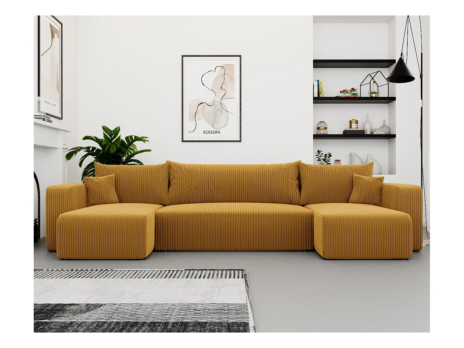 Hoekslaapbank Piano U-functie, en mosterdgele stof