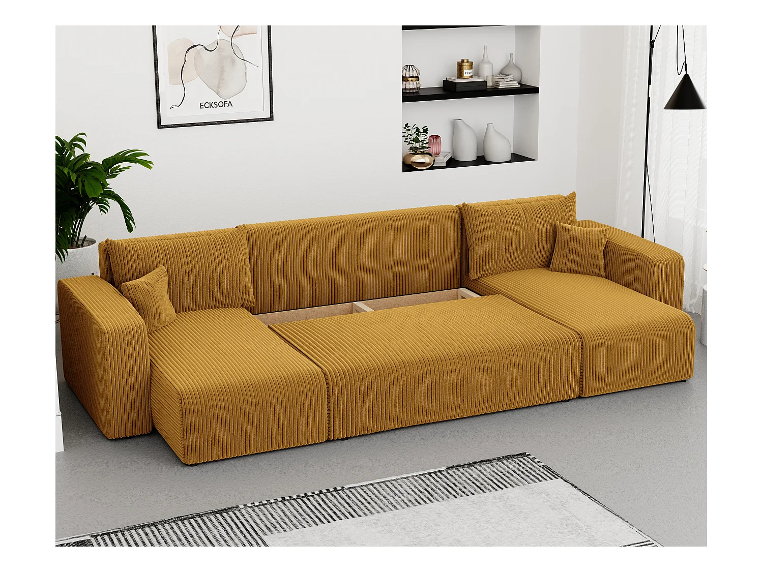 Hoekslaapbank Piano U-functie, en mosterdgele stof