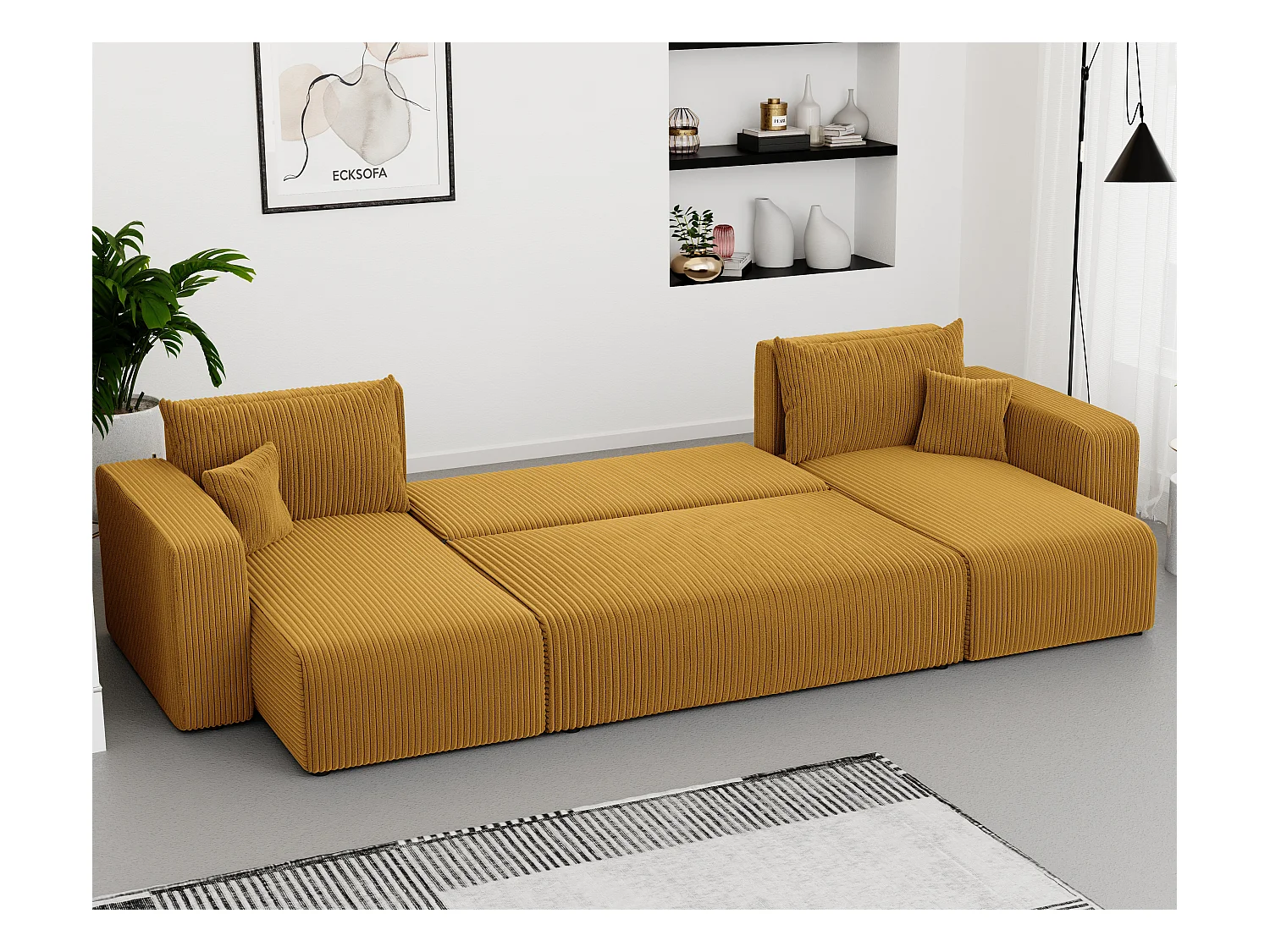 Hoekslaapbank Piano U-functie, en mosterdgele stof