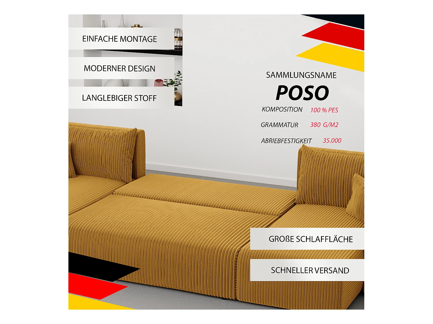 Hoekslaapbank Piano U-functie, en mosterdgele stof