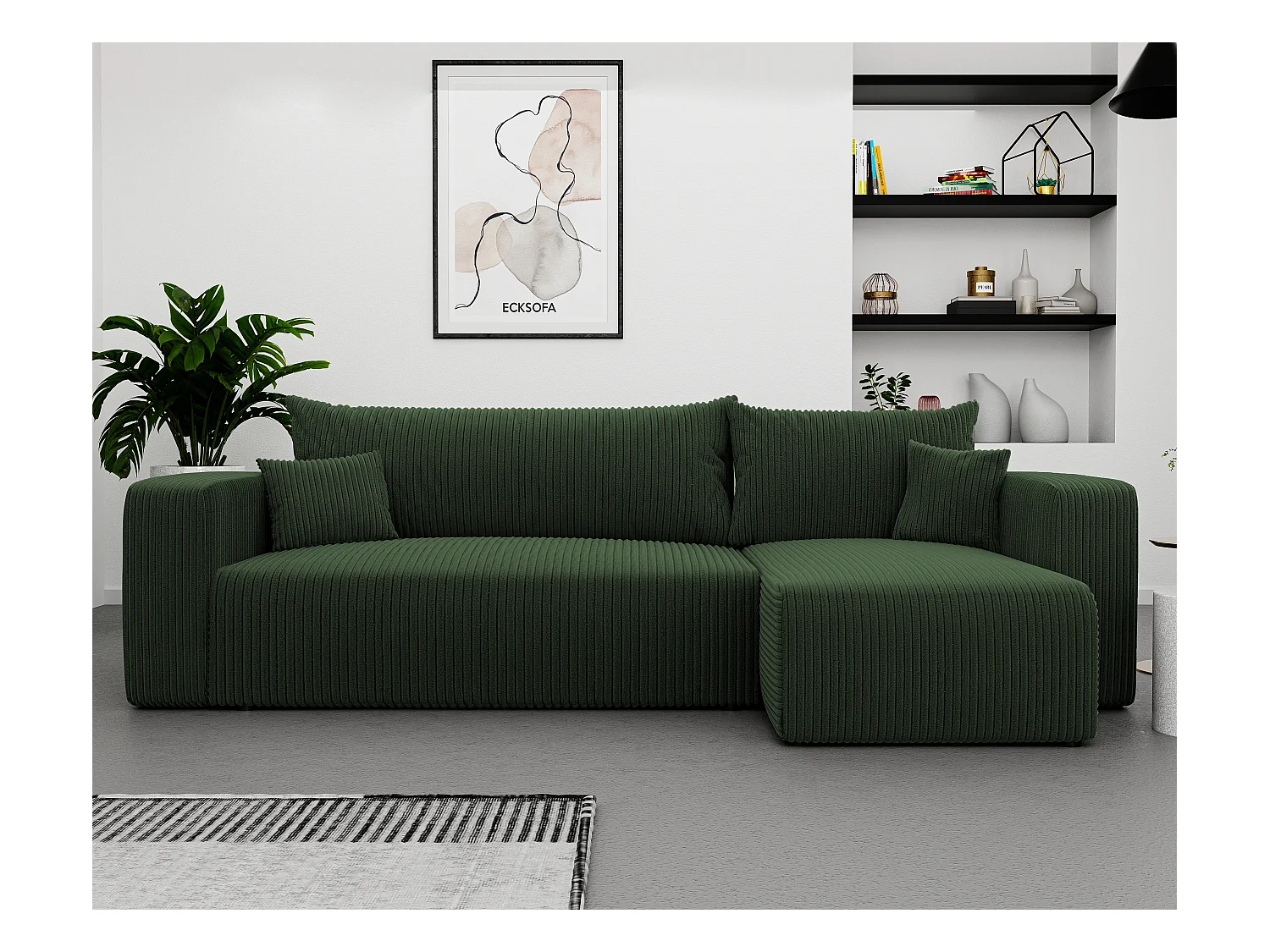 Ecksofa Piano in grünem Stoff umwandelbar.