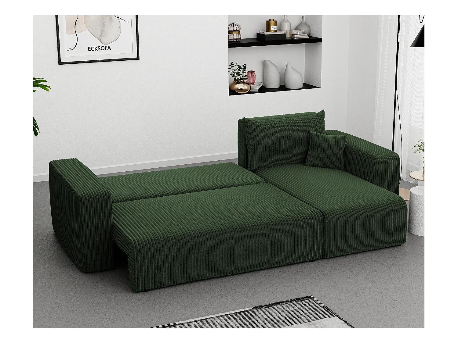 Ecksofa Piano in grünem Stoff umwandelbar.