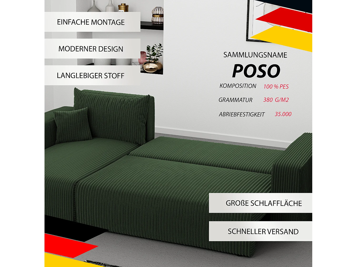 Ecksofa Piano in grünem Stoff umwandelbar.