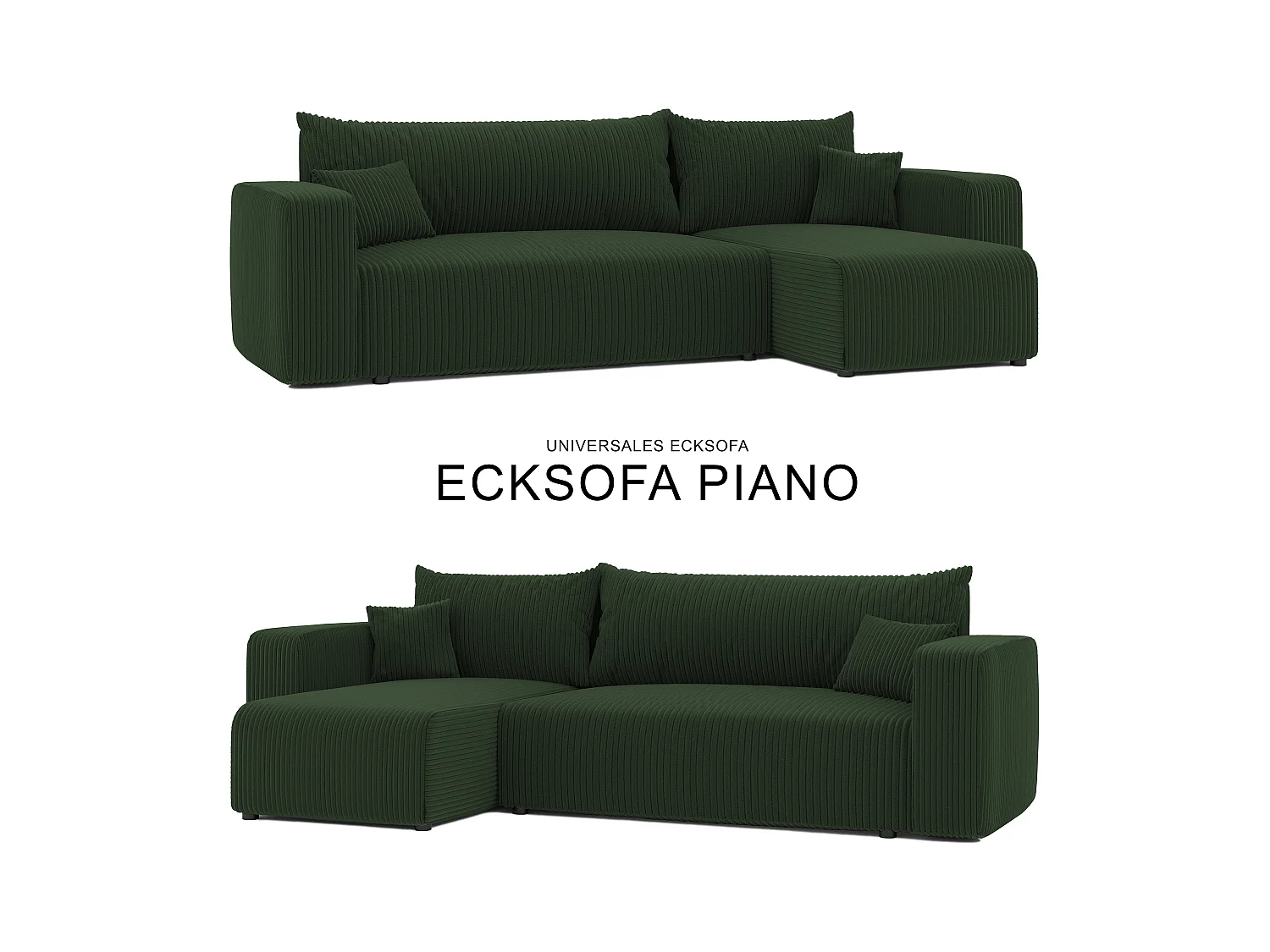Ecksofa Piano in grünem Stoff umwandelbar.