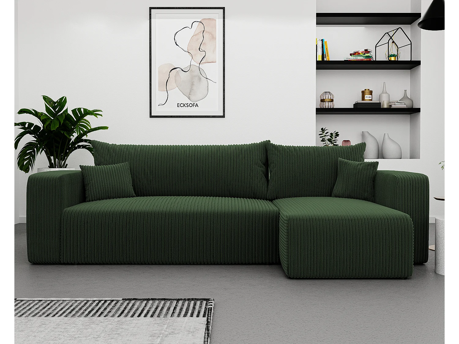 Ecksofa Piano in grünem Stoff umwandelbar.