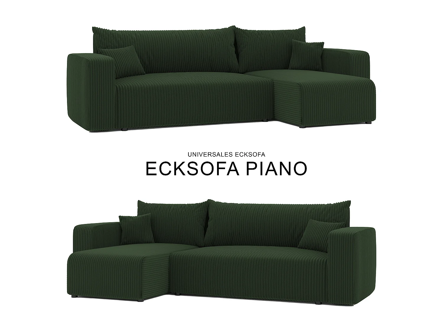 Ecksofa Piano in grünem Stoff umwandelbar.