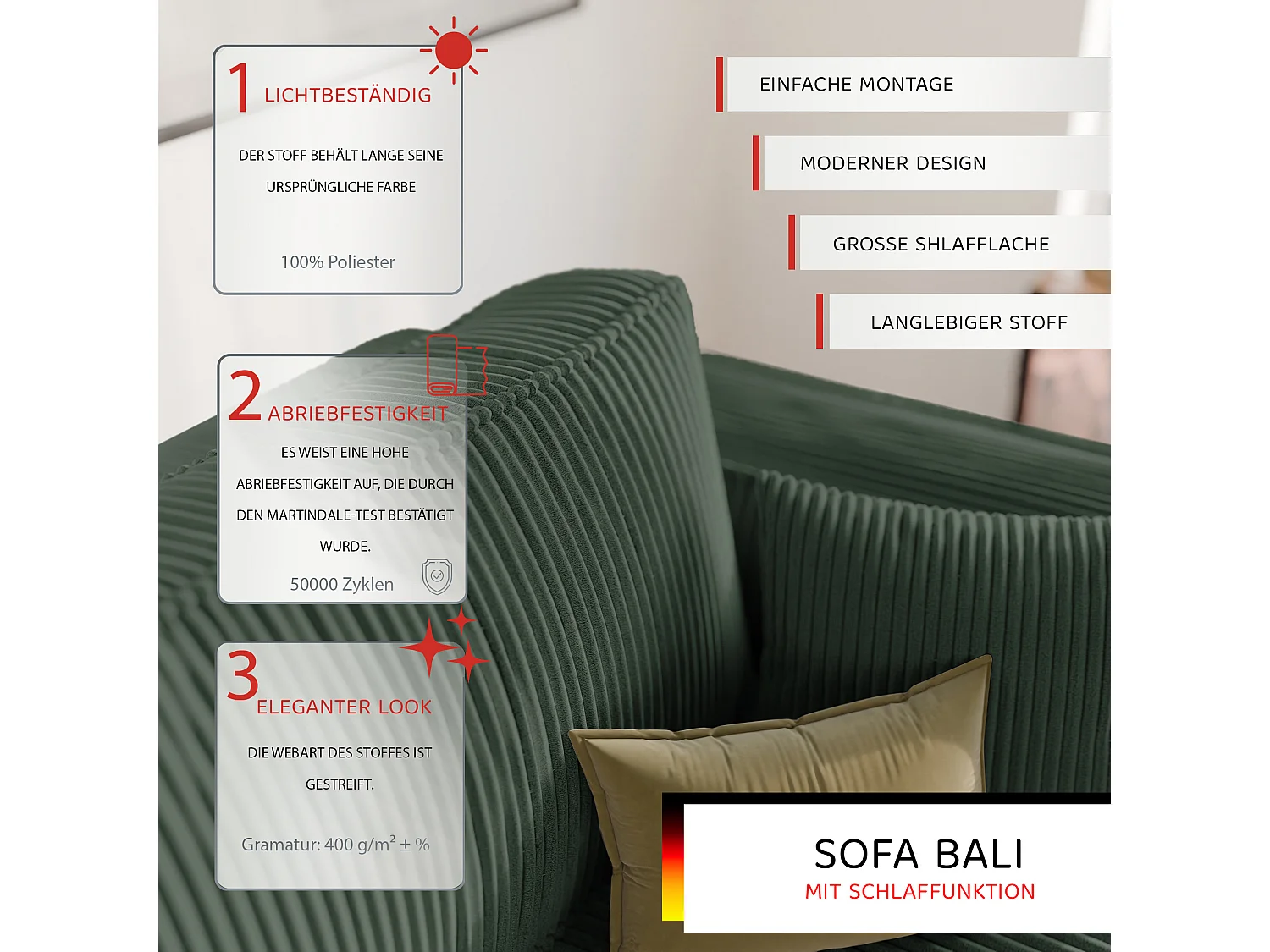 Sofa Bali umkehrbarer umwandelbarer Stoff in Grün