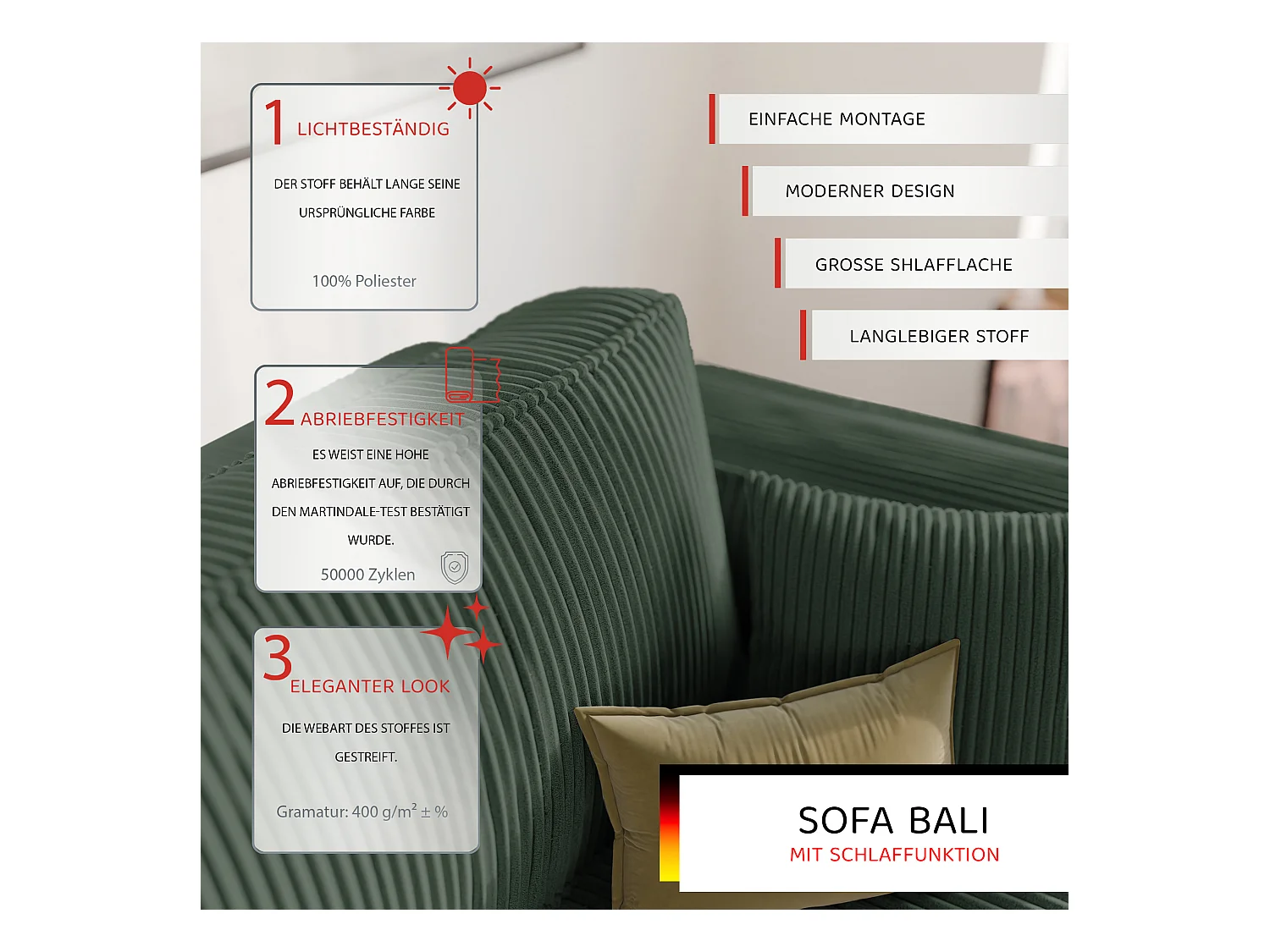 Canapé Bali réversible convertible en tissu Vert