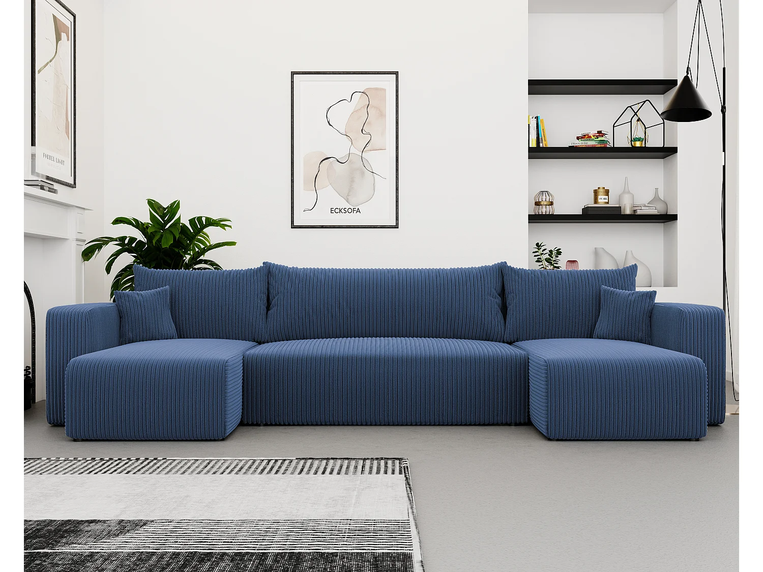 Canapé d'angle Piano U fonction couchage, et tissu Bleu