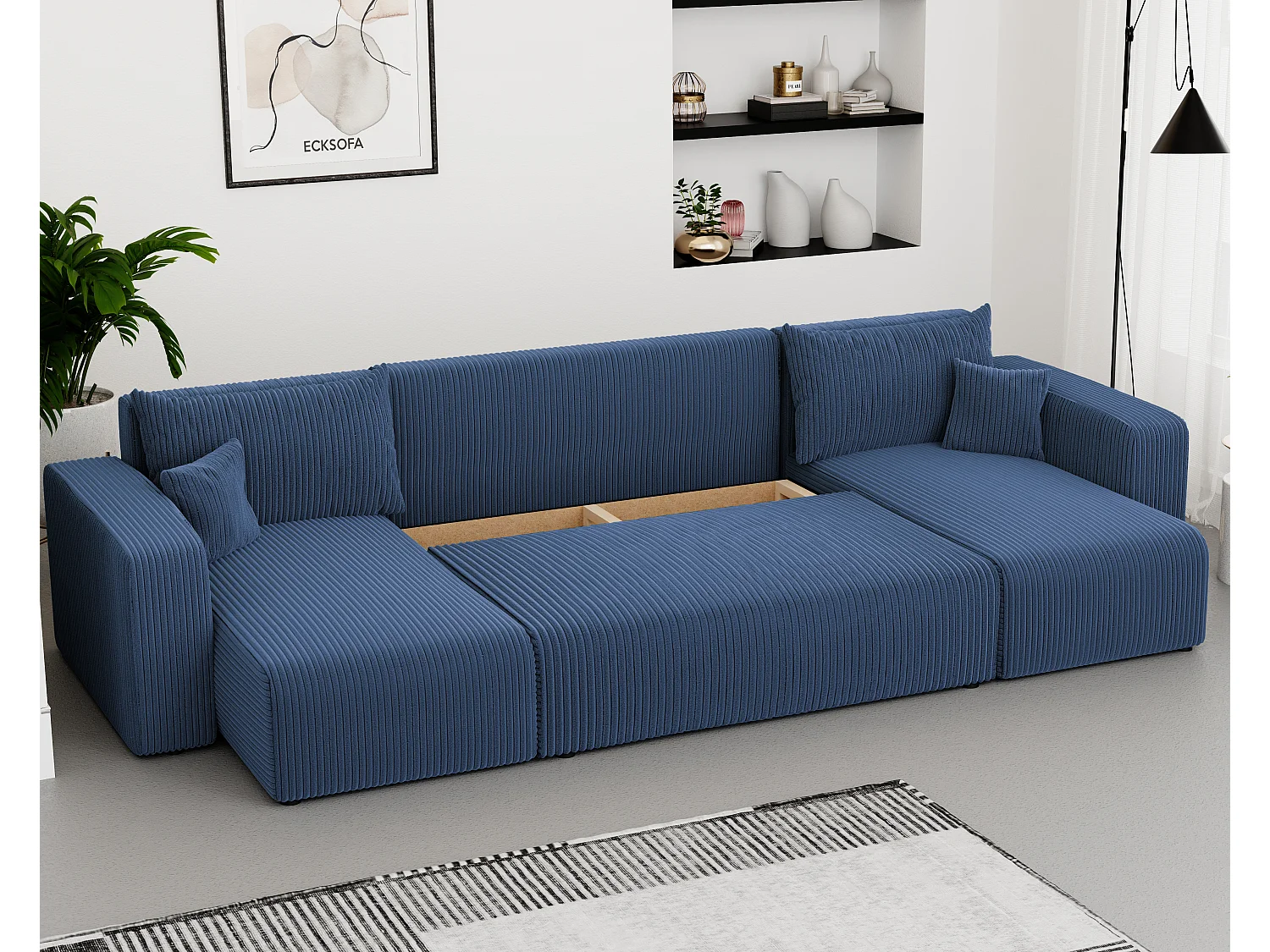 Canapé d'angle Piano U fonction couchage, et tissu Bleu