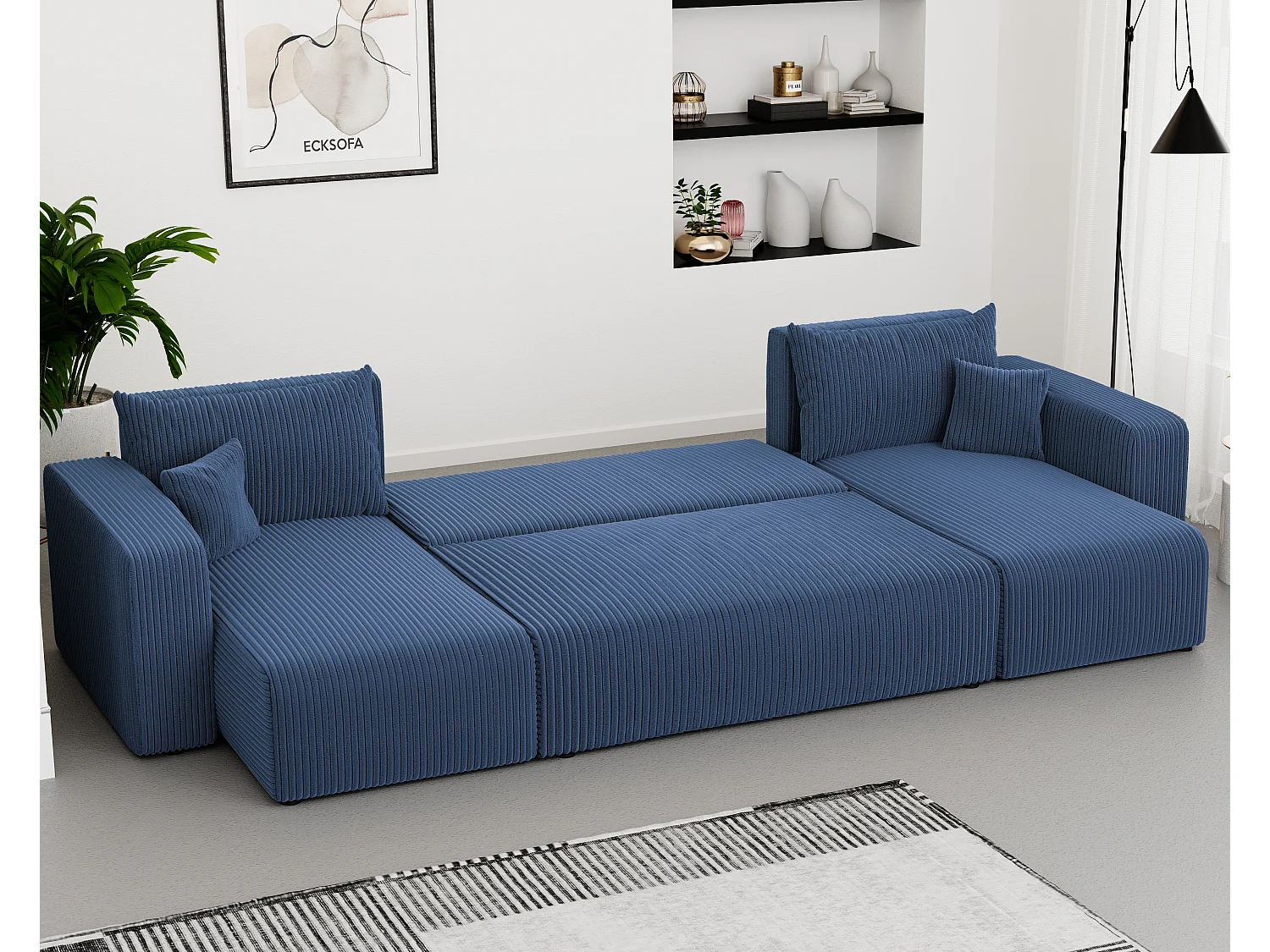 Canapé d'angle Piano U fonction couchage, et tissu Bleu