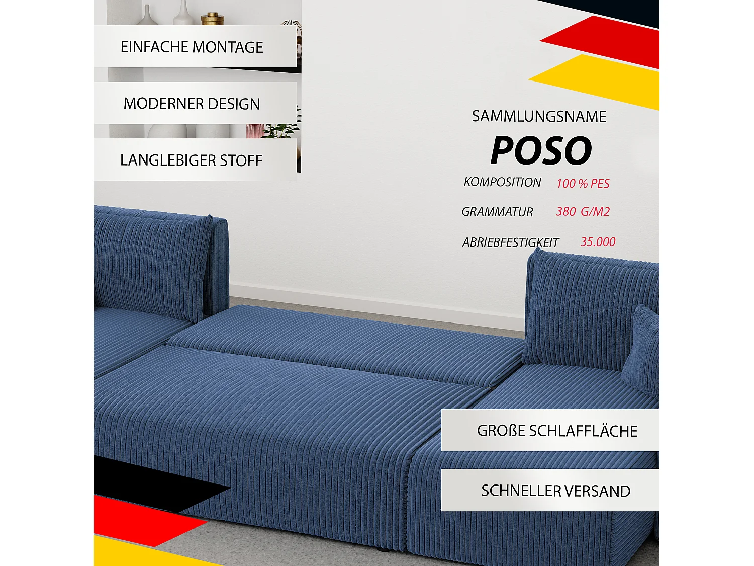 Canapé d'angle Piano U fonction couchage, et tissu Bleu