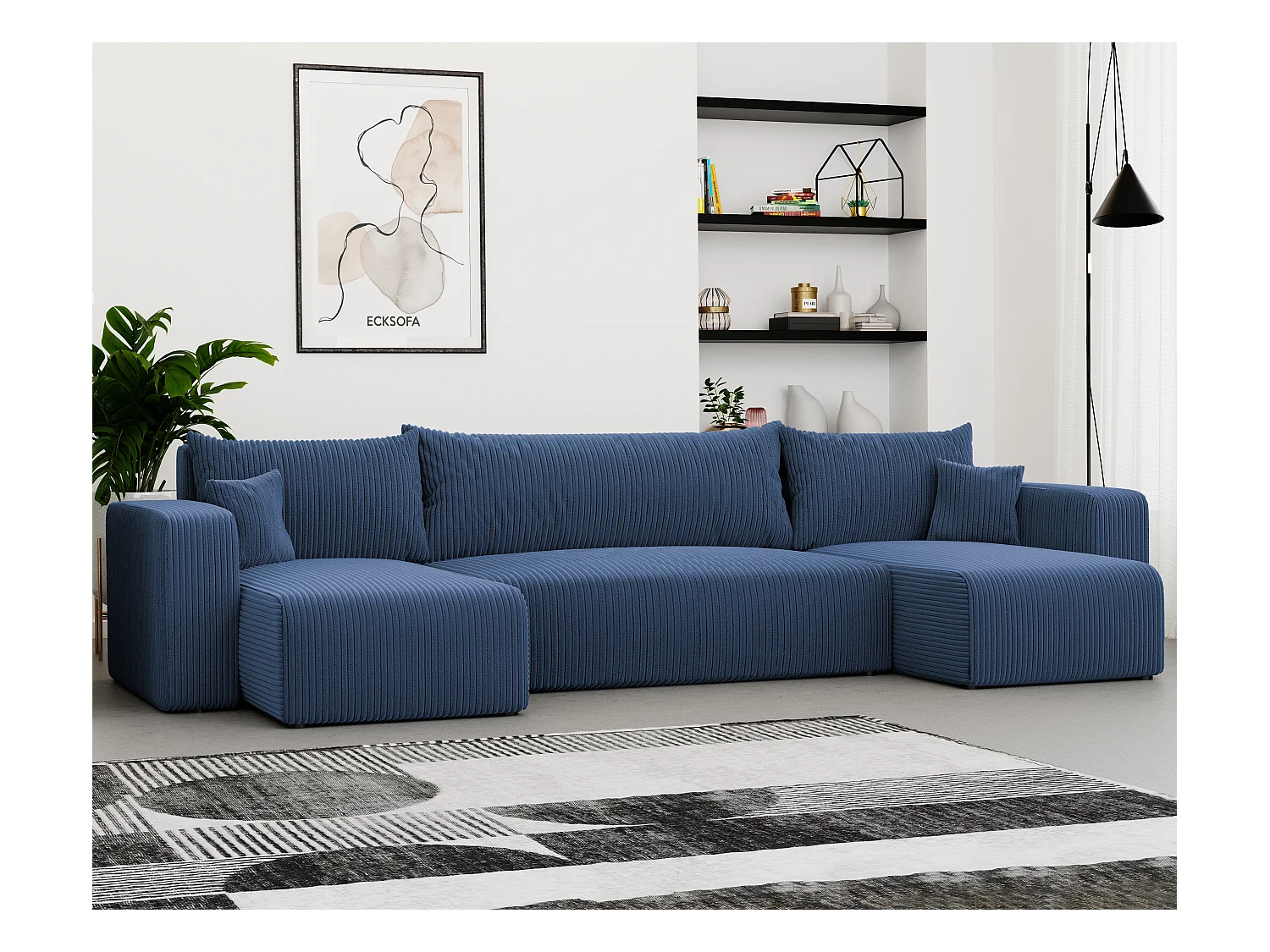Canapé d'angle Piano U fonction couchage, et tissu Bleu