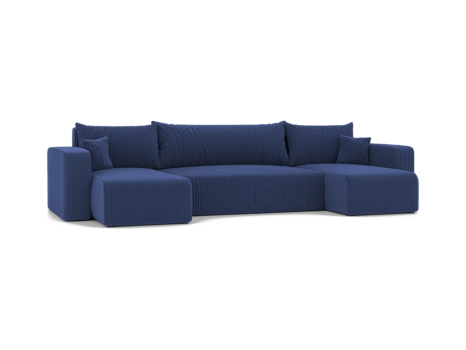 Ecksofa Piano U mit Schlaffunktion und blauem Stoff.