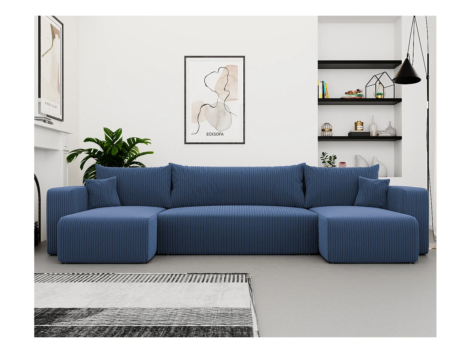 Ecksofa Piano U mit Schlaffunktion und blauem Stoff.