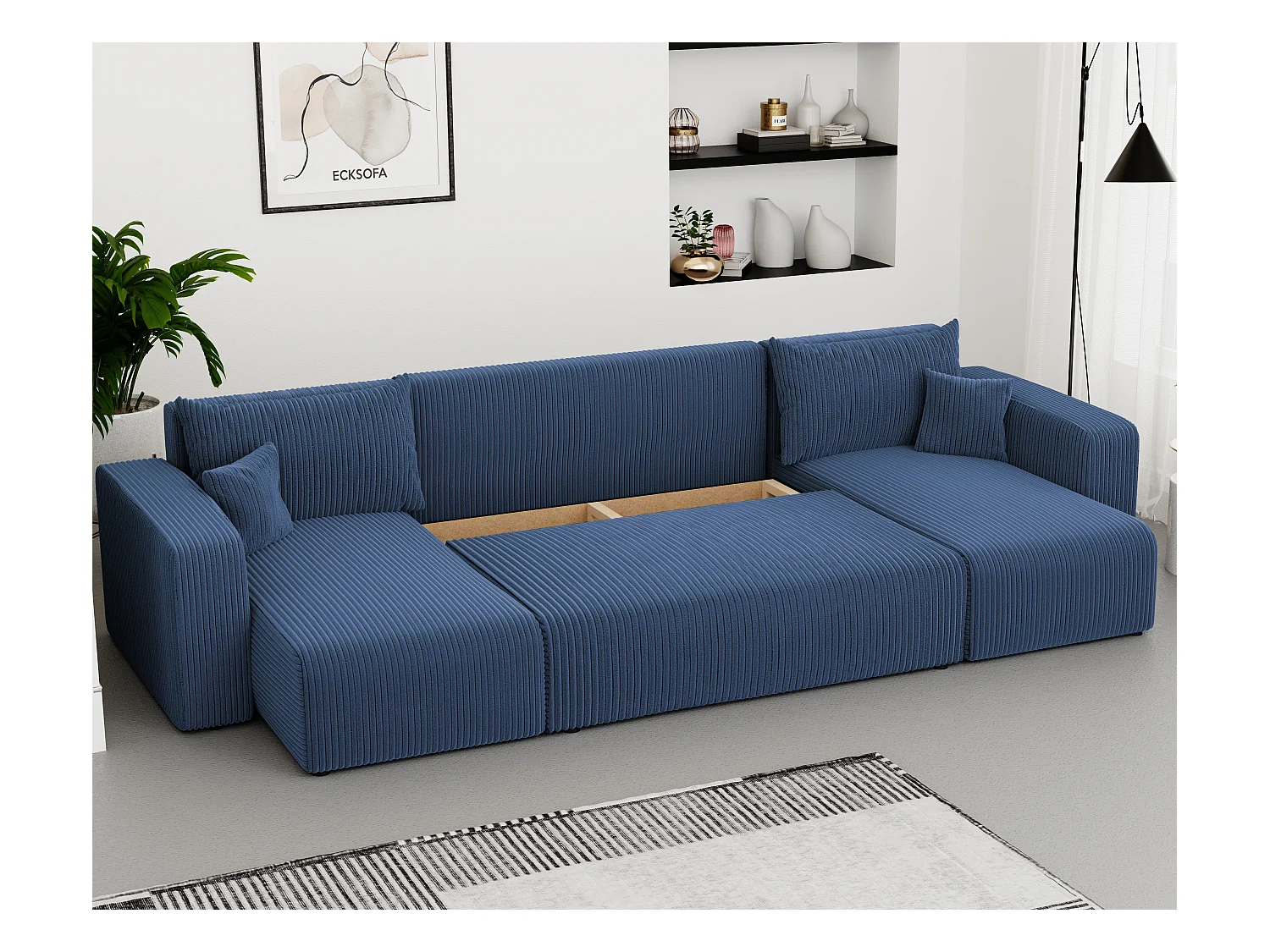 Ecksofa Piano U mit Schlaffunktion und blauem Stoff.