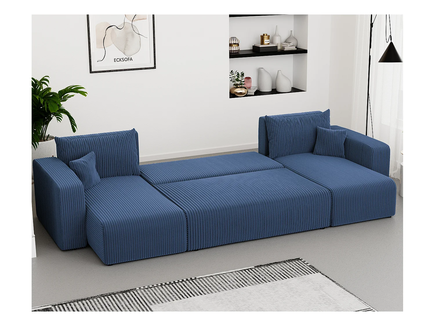 Ecksofa Piano U mit Schlaffunktion und blauem Stoff.