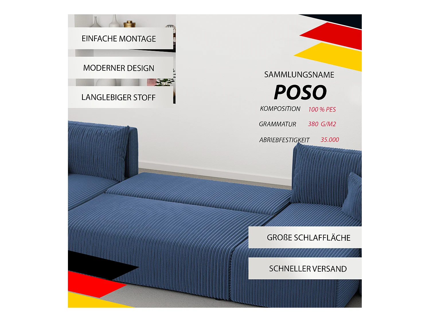 Ecksofa Piano U mit Schlaffunktion und blauem Stoff.