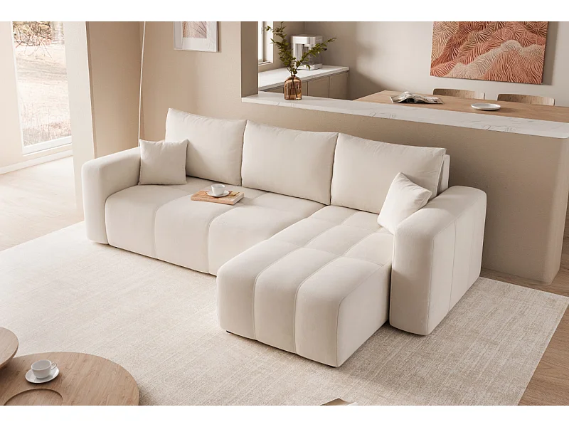 Ecksofa Pedro mit Schlaffunktion und Stauraum, 3-Sitzer, in Beige-Stoff.