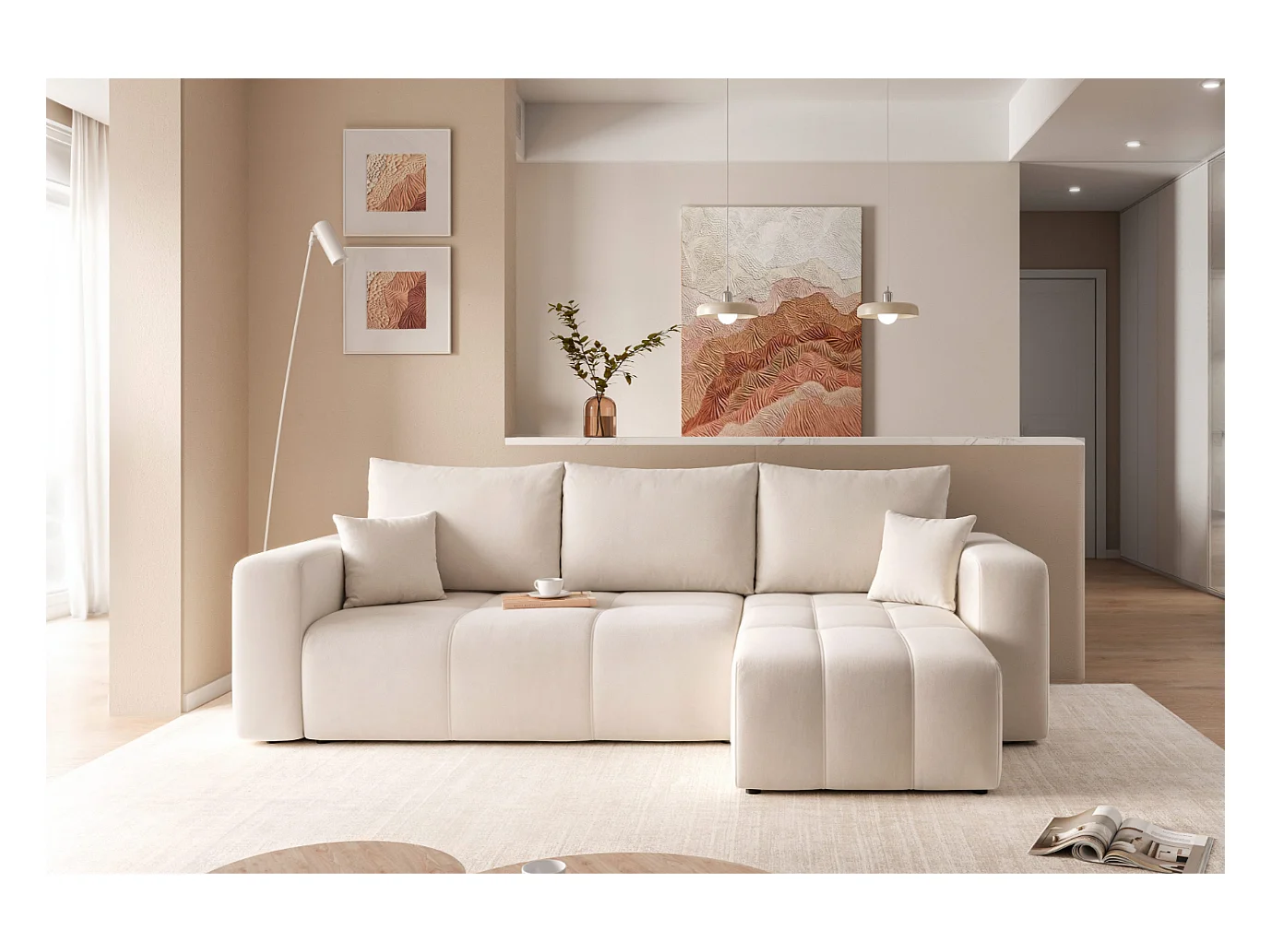 Canapé d'angle Convertible Pedro 3-Places avec Espace de Rangement en tissu Beige