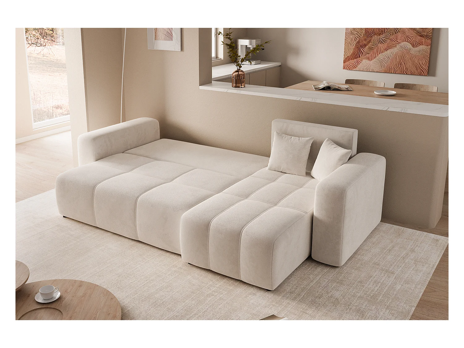 Canapé d'angle Convertible Pedro 3-Places avec Espace de Rangement en tissu Beige