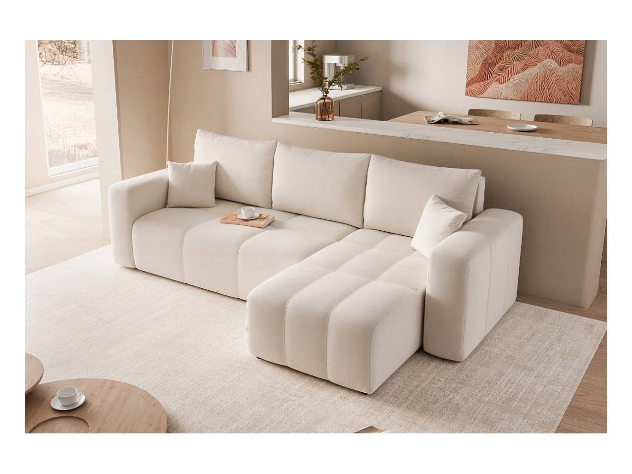 Canapé d'angle Convertible Pedro 3-Places avec Espace de Rangement en tissu Beige