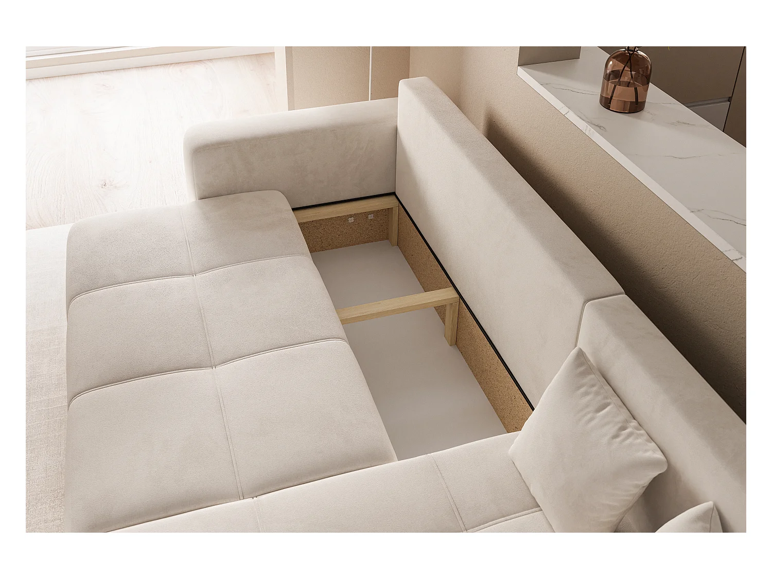 Hoekslaapbank Convertible Pedro 3-zits met opbergruimte in beige stof