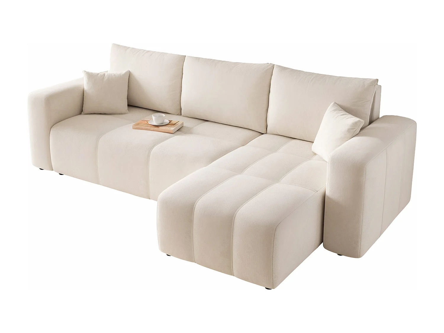 Canapé d'angle Convertible Pedro 3-Places avec Espace de Rangement en tissu Beige