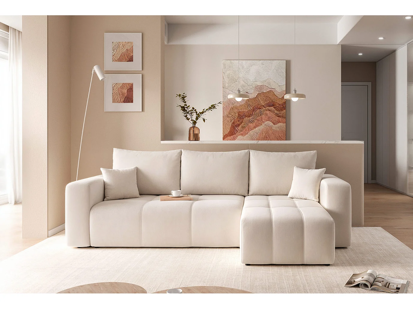 Canapé d'angle Convertible Pedro 3-Places avec Espace de Rangement en tissu Beige