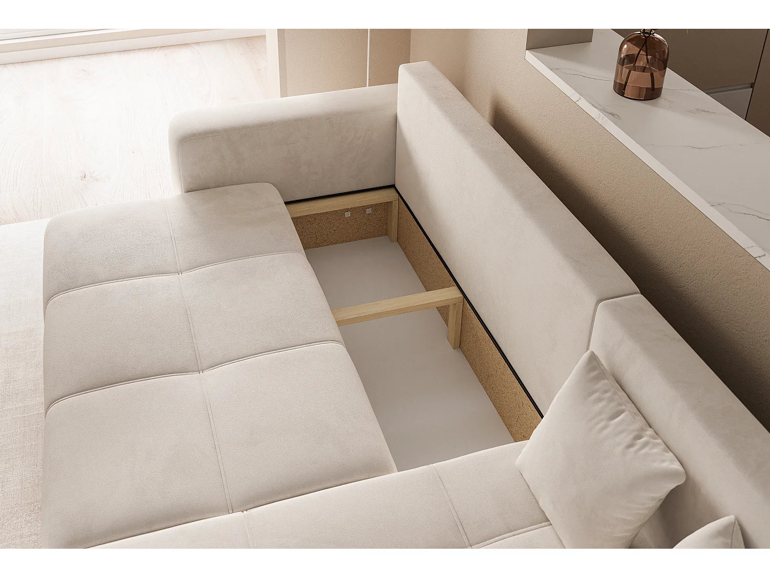 Canapé d'angle Convertible Pedro 3-Places avec Espace de Rangement en tissu Beige