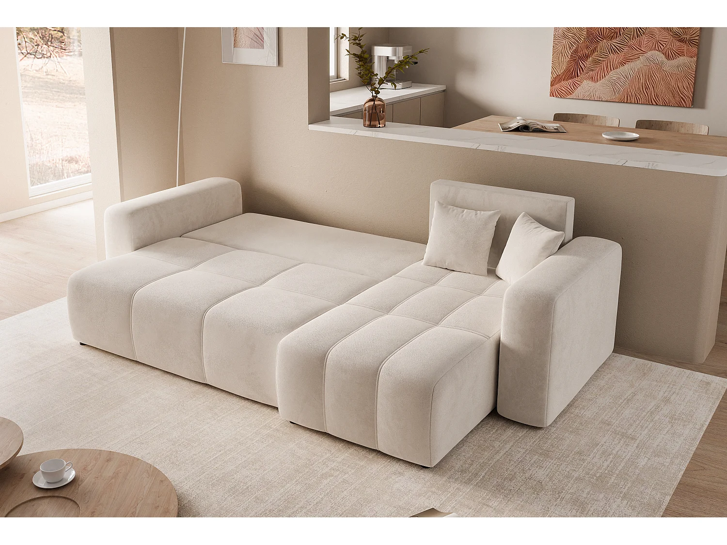 Canapé d'angle Convertible Pedro 3-Places avec Espace de Rangement en tissu Beige