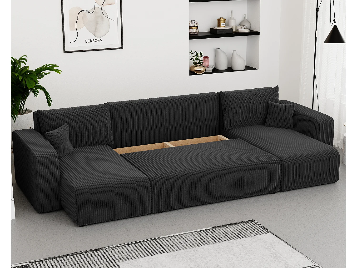 Canapé d'angle Piano U fonction couchage, et tissu Noir