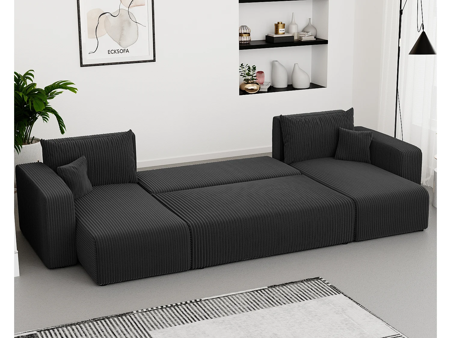 Canapé d'angle Piano U fonction couchage, et tissu Noir