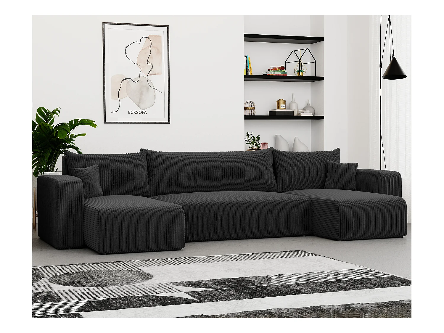 Canapé d'angle Piano U fonction couchage, et tissu Noir