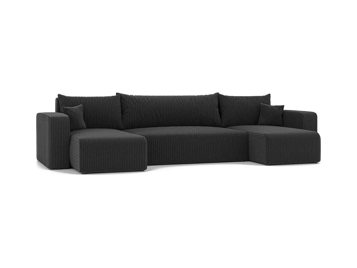 Ecksofa Piano U mit Schlaffunktion und schwarzem Stoff.
