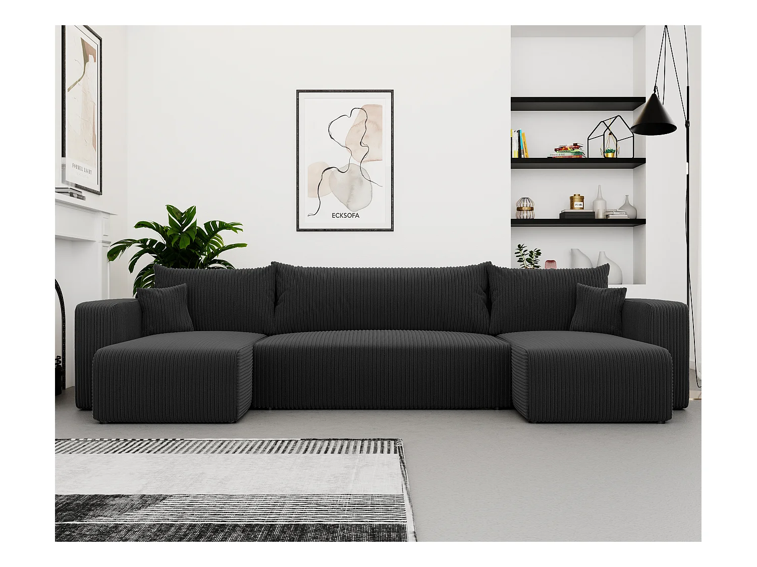 Ecksofa Piano U mit Schlaffunktion und schwarzem Stoff.