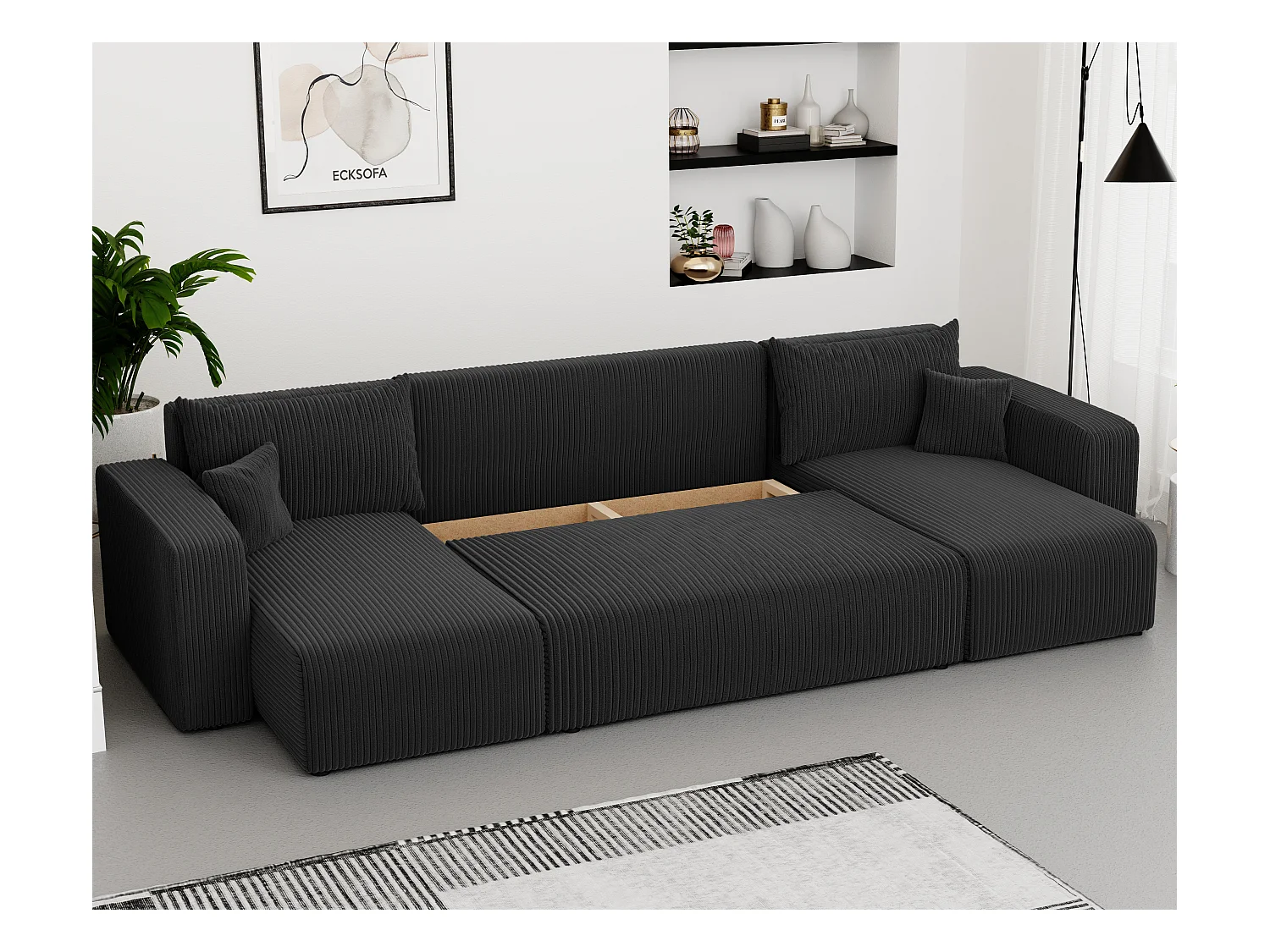 Ecksofa Piano U mit Schlaffunktion und schwarzem Stoff.